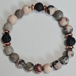 Pink Zebra Jasper & Lava Stone Beaded Stretch Bracelet with Rose Gold Highlights